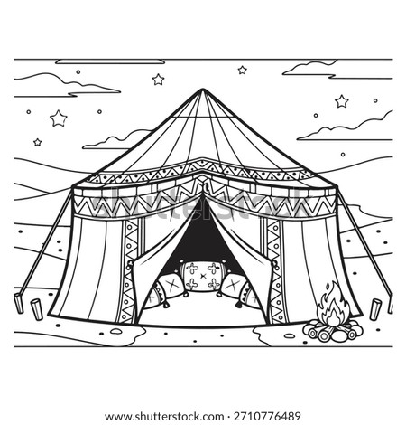 Experience the magic of desert nights with this charming camp scene. A beautifully decorated tent invites relaxation beside a warm campfire under a sky full of stars. Perfect for adventure stories and creative projects.