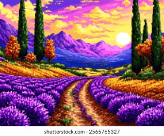 Experience the magic of a Tuscan sunset with this nostalgic pixel art piece. The lavender field glows under the evening light, with majestic cypress trees standing guard. 