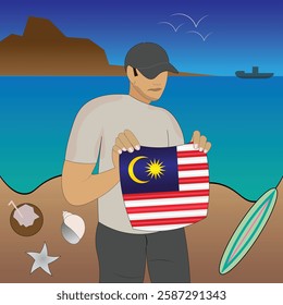 Experience Malaysian coastal serenity with a touch of national pride. Stunning beachscape featuring the Malaysia flag, coconut, seashells, starfish, surfboard, ship, and distant mountains