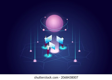 Experience Metaverse, the limitless virtual reality technology for future digital device users. Three users use online vr headphones connect to the virtual space. isometric vector illustration.