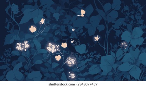 Experimenta la magia de Midnight Garden: flores iluminadas por la luna, vides sobre fondo marino profundo. Ideal para decoración mística, estampados, moda, proyectos artísticos. Editable-Personalizable.