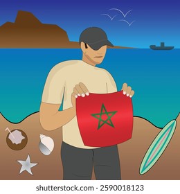 Experience Moroccan coastal serenity with a touch of national pride. Stunning beachscape featuring the Morocco flag, coconut, seashells, starfish, surfboard, ship, and distant mountains