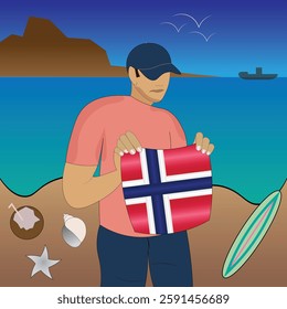 Experience Norwegian coastal serenity with a touch of national pride. Stunning beachscape featuring the Norway flag, coconut, seashells, starfish, surfboard, ship, and distant mountains