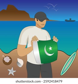 Experience Pakistani coastal serenity with a touch of national pride. Stunning beachscape featuring the Pakistan flag, coconut, seashells, starfish, surfboard, ship, and distant mountains