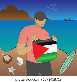 Experience Palestinian coastal serenity with a touch of national pride. Stunning beachscape featuring the Palestine flag, coconut, seashells, starfish, surfboard, ship, and distant mountains