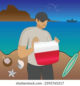 Experience Polska coastal serenity with a touch of national pride. Stunning beachscape featuring the Poland flag, coconut, seashells, starfish, surfboard, ship, and distant mountains