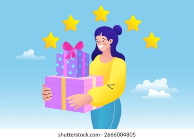Experimente pura alegria e satisfação! Uma mulher encantada cercada por cinco estrelas segura seus presentes preciosos, ilustrando perfeitamente a felicidade do cliente, o excelente serviço e a alegria de receber.