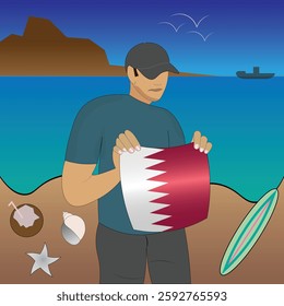 Experience Qatari coastal serenity with a touch of national pride. Stunning beachscape featuring the Qatar flag, coconut, seashells, starfish, surfboard, ship, and distant mountains