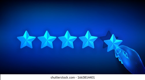 Experience rating and confidence concept. Wireframe hand giving a five star. Increase rating company or ranking, feedback, evaluation and review. Business satisfaction support. Vector illustration.