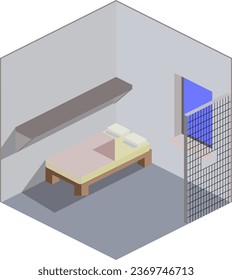 Experience the reality of confinement with this detailed vector isometric prison cell. Featuring iron bars, a simple bed, and a small window, it evokes the essence of incarceration