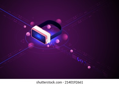Experimente el auricular de realidad VR Metaverse, la tecnología de realidad virtual ilimitada para futuros usuarios y dispositivos digitales. ilustración vectorial isométrica.