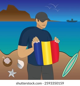 Experience Romanian coastal serenity with a touch of national pride. Stunning beachscape featuring the Romania flag, coconut, seashells, starfish, surfboard, ship, and distant mountains