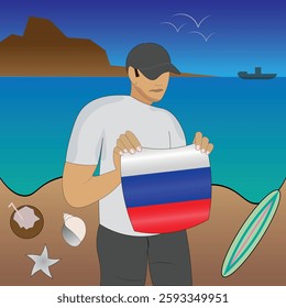 Experience Russian coastal serenity with a touch of national pride. Stunning beachscape featuring the Russia flag, coconut, seashells, starfish, surfboard, ship, and distant mountains