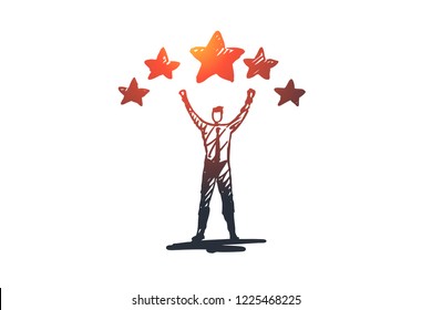 Experience, satisfaction, positive, rating concept. Hand drawn man and rating stars concept sketch. Isolated vector illustration.