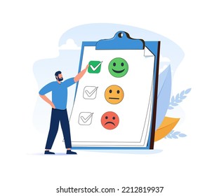 Experience, satisfaction survey, mental health. Performance appraisal scale. Experience opinion from consumer as choice for service or product vector illustration. Client satisfaction survey feedback