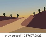 Experience the serene beauty of a desert sunset as the golden sun dips below the horizon, painting the landscape with hues of orange, pink, and purple.