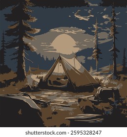 Experience the serenity of nature with a cozy camping tent nestled in the heart of a dense forest. The picturesque scene captures a peaceful evening as the sun sets behind towering pine tree