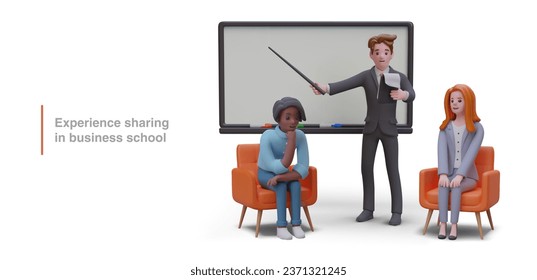 Experience sharing, exchange at business school. Coaching concept. Consultations of leading specialists. Advanced training. 3D color vector illustration