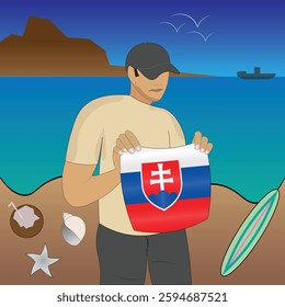 Experience Slovakian coastal serenity with a touch of national pride. Stunning beachscape featuring the Slovakia flag, coconut, seashells, starfish, surfboard, ship, and distant mountains