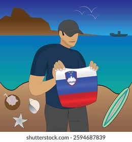 Experience Slovenian coastal serenity with a touch of national pride. Stunning beachscape featuring the Slovenia flag, coconut, seashells, starfish, surfboard, ship, and distant mountains