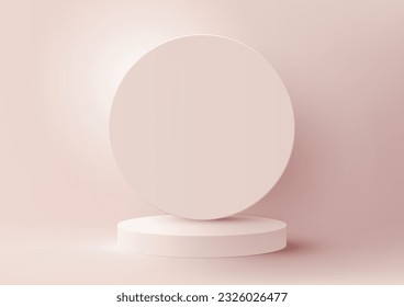 Experience sophistication with our elegant showcase podium, 3D product display mockup white podium and circle backdrop on soft pink background. Minimalist style. Vector illustration