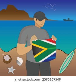 Experience South African coastal serenity with a touch of national pride. Stunning beachscape featuring the South Africa flag, coconut, seashells, starfish, surfboard, ship, and distant mountains