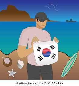 Experience South Korean coastal serenity with a touch of national pride. Stunning beachscape featuring the South Korea flag, coconut, seashells, starfish, surfboard, ship, and distant mountains