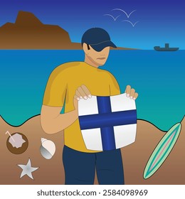 Experience Suomi coastal serenity with a touch of national pride. Stunning beachscape featuring the Finland flag, coconut, seashells, starfish, surfboard, ship, and distant mountains