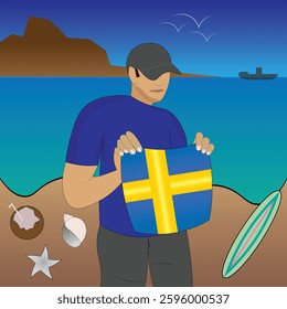 Experience Sverige coastal serenity with a touch of national pride. Stunning beachscape featuring the Sweden flag, coconut, seashells, starfish, surfboard, ship, and distant mountains