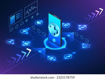 Experimente la sinergia de la tecnología médica inteligente y la innovación en smartphones en una imagen cautivadora. La combinación perfecta de avances de vanguardia con un fondo isométrico.