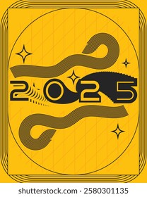 experience the synergy of typography and numerals in a captivating design that showcases a commanding black font alphabet intertwined with the year 2025 set against Hypnotic Design: Black and Yellow	
