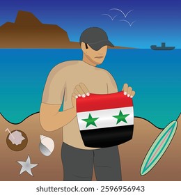 Experience Syrian coastal serenity with a touch of national pride. Stunning beachscape featuring the Syria flag, coconut, seashells, starfish, surfboard, ship, and distant mountains