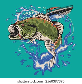 Experience the thrill of fishing with this vibrant illustration of a bass fish caught by a fisherman. Perfect for fishing enthusiasts and outdoor-themed decor!