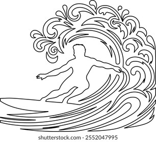 Experience the thrill of the ocean with this minimalist line art vector design featuring a surfer gracefully riding a powerful wave, capturing the essence of adventure and freedom.