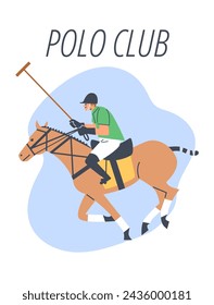 Experimenta la emoción del deporte de polo con esta cautivadora ilustración vectorial. Presenta a un jugador de polo a caballo haciendo un potente disparo a la pelota en un juego de ritmo rápido