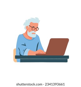 Experience the timeless allure of technology with this captivating illustration of an old man typing at a laptop. Age and innovation unite. Vector illustration.