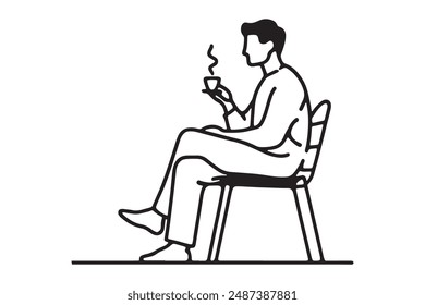 Experience tranquility as a young man sits with a coffee mug. This single-line drawing embodies relaxation and the pleasure of enjoying tea or coffee. Suitable for websites, posters, and merchandise.