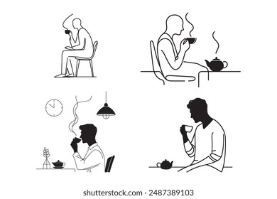 Experience tranquility as a young man sits with a coffee mug. This single-line drawing embodies relaxation and the pleasure of enjoying tea or coffee. Suitable for websites, posters, and merchandise.