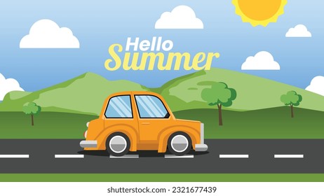 Disfrute de una escapada de verano con Shutterstock. Descubra nuestra cautivadora ilustración vectorial de un coche naranja vibrante embarcando en una espectacular aventura de montaña. Que el espíritu de 'Hola verano