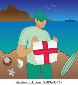 Experience United Kingdom coastal serenity with a touch of national pride. Stunning beachscape featuring the England flag, coconut, seashells, starfish, surfboard, ship, and distant mountains