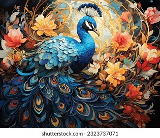 Experimente los colores vibrantes y el movimiento dinámico en nuestra ilustración original de un pavo real bailando. Ideal para los amantes del arte y de las aves.