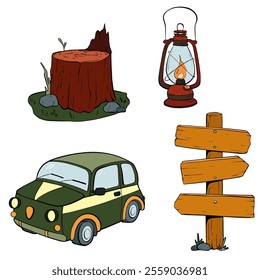 Experience vintage camping charm with a classic car, lantern, and a delightful signpost. Vector illustration. Tourism