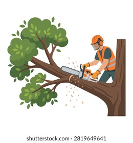 An experienced arborist standing securely on a large tree limb, using a chainsaw to prune overgrown branches with flying sawdust, perfect for tree care service and forestry management concepts