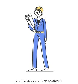 Experienced architect on construction site. Painter, engineer, foreman in helmets holding tools. Vector illustration for teamwork
