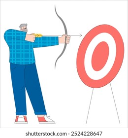 Experienced businessman aiming at a target with precision and confidence in a corporate strategy concept. Vector illustration.