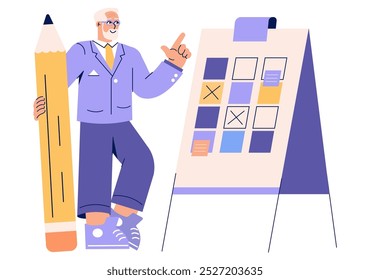 Conceito de empresário experiente. Um homem mais velho com grandes estratégias de planejamento de lápis ao lado de uma placa. Liderança e sabedoria nas decisões de negócios. Ilustração vetorial.