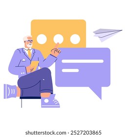 Experienced businessman concept. A seasoned executive interacts with digital communication icons, symbolizing corporate strategy. Vector illustration.