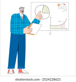 Empresário experiente apresentando análise financeira. Executivo mais velho confiante com gráficos. Discussão de estratégia corporativa. Ilustração vetorial.