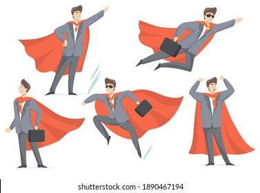 Experienced businessman in superhero costume flat set for web design. Cartoon super boss in suit in various poses isolated vector illustration collection. Business and management concept
