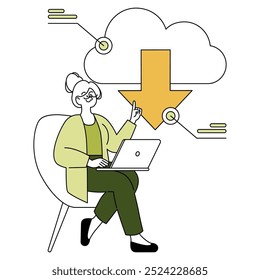 Concepto de mujer de negocios con experiencia. Profesional Adultos en atuendo casual inteligente que accede a servicios en la nube. Simplificación del flujo de trabajo con tecnología moderna. Ilustración vectorial.